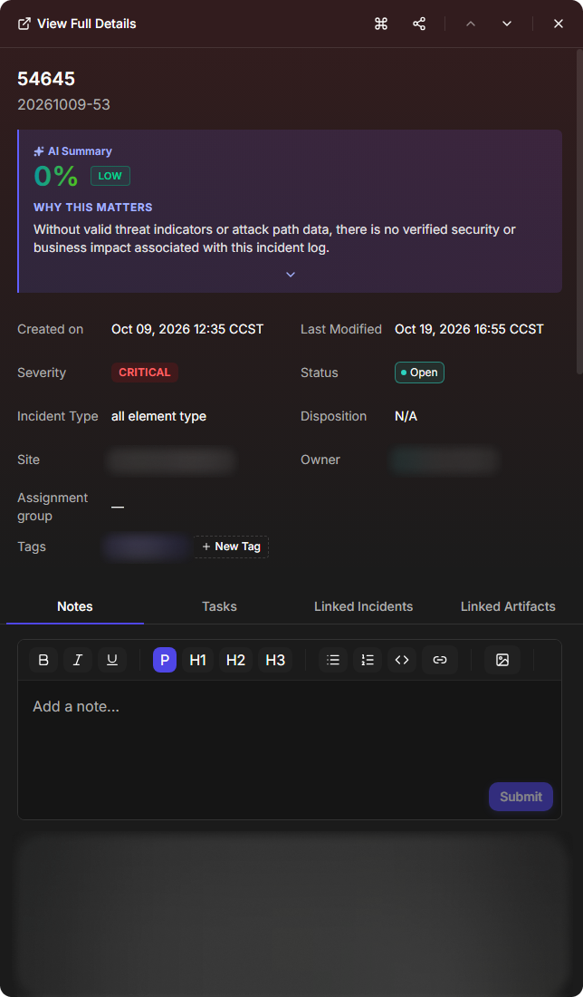 The quick view panel of an incident with the AI Summary and details at the top and the Notes, Tasks, Linked Incidents and Linked Artifacts tabs below