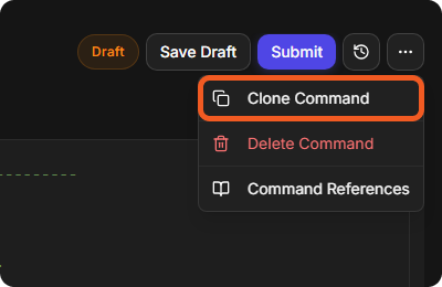 The More menu of a command with Clone Command, Delete Command and Command References