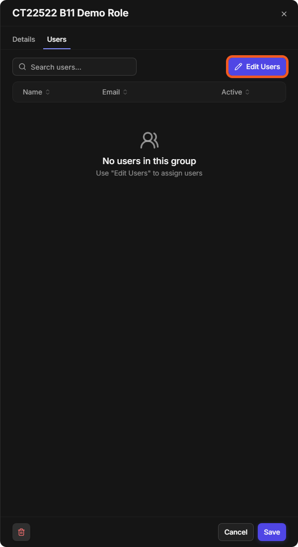 A role's Users tab with no users yet and the Edit Users button