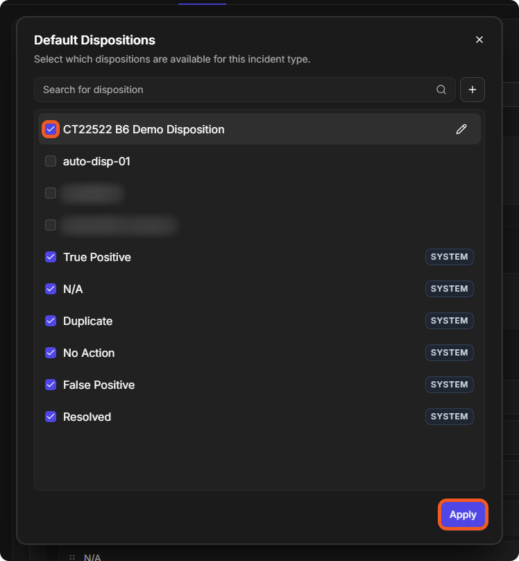 A custom disposition ticked in the Default Dispositions window, with the Apply button highlighted