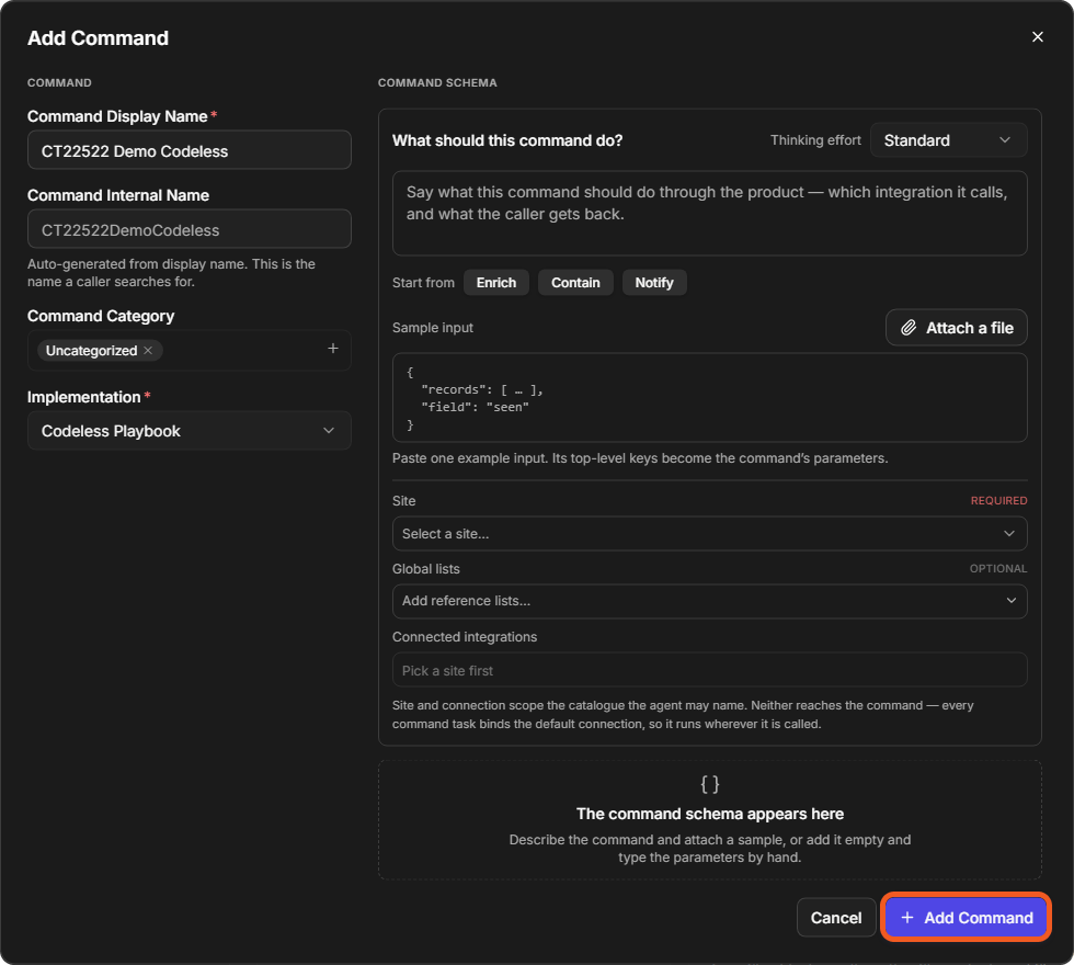 The Add Command window with Codeless Playbook chosen, showing the extra Site, Global lists and Connected integrations fields