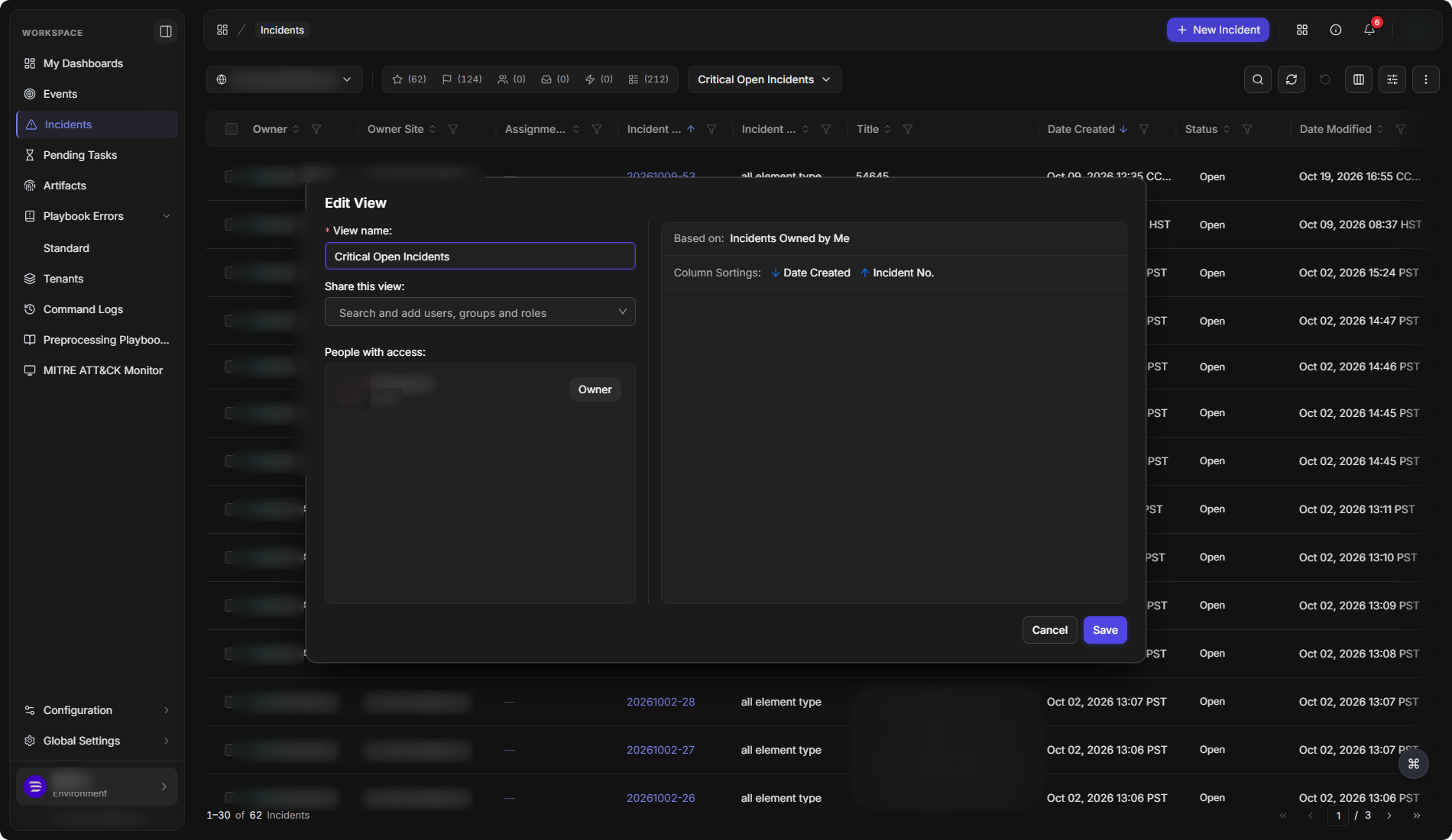 The Edit View window with the view name, Share this view, People with access, and the view's sorting