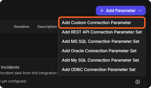 The Add Parameter menu with Add Custom Connection Parameter and the five parameter sets