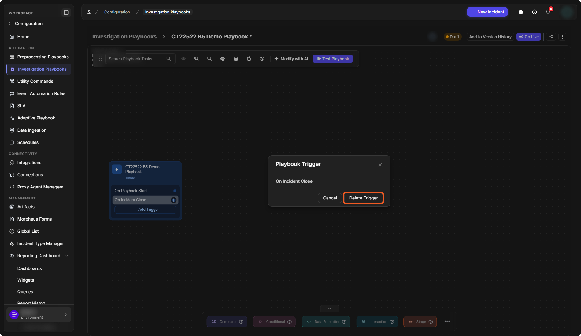 On Incident Close selected on the trigger node, and the Playbook Trigger window with Cancel and Delete Trigger
