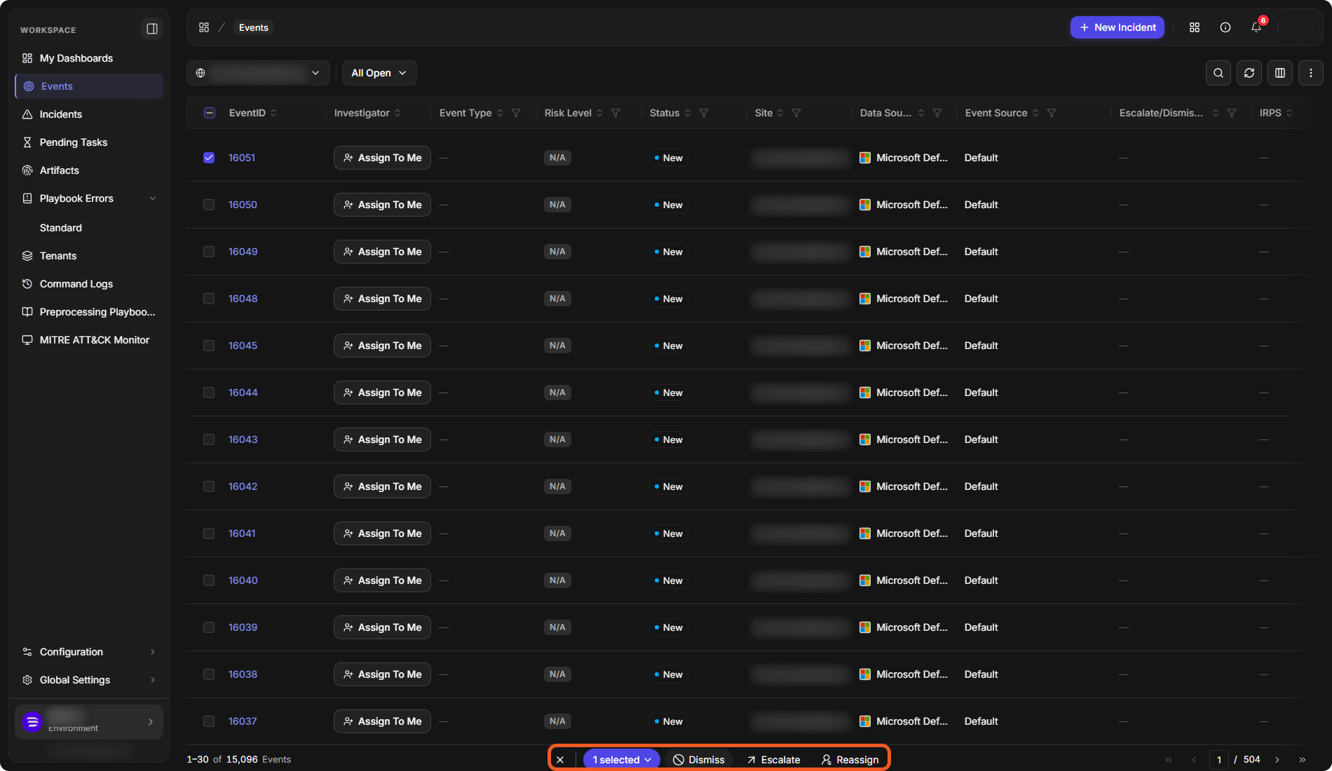 The All Open view with one event ticked and the bar at the bottom showing 1 selected, Dismiss, Escalate and Reassign