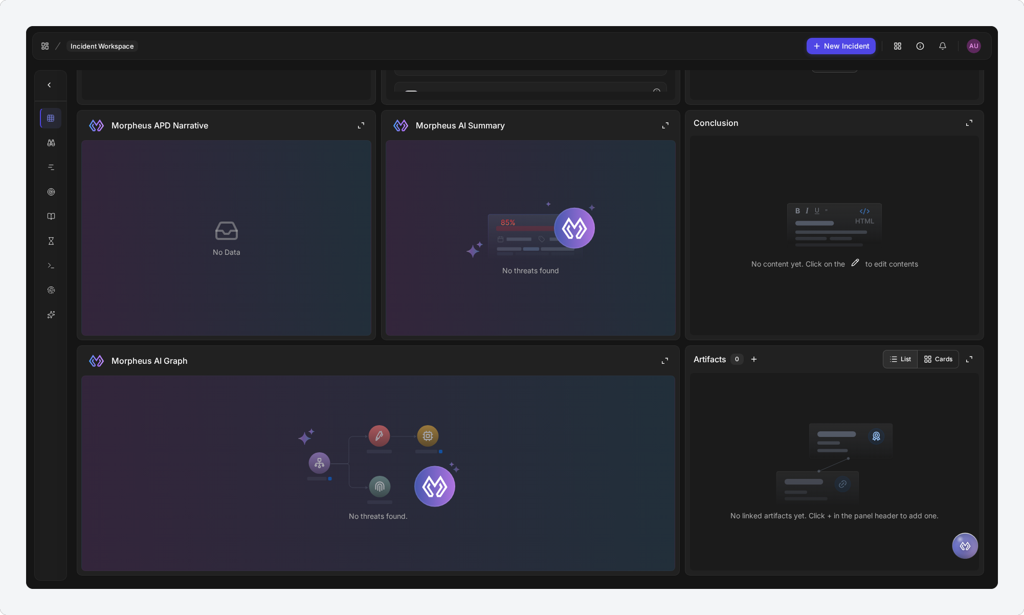 The lower part of the High severity incident, showing empty Morpheus APD Narrative, Morpheus AI Summary, Conclusion, Morpheus AI Graph and Artifacts panels