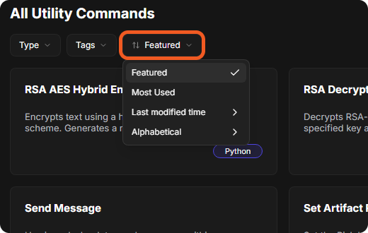 The sort menu open under Featured, with Featured, Most Used, Last modified time and Alphabetical