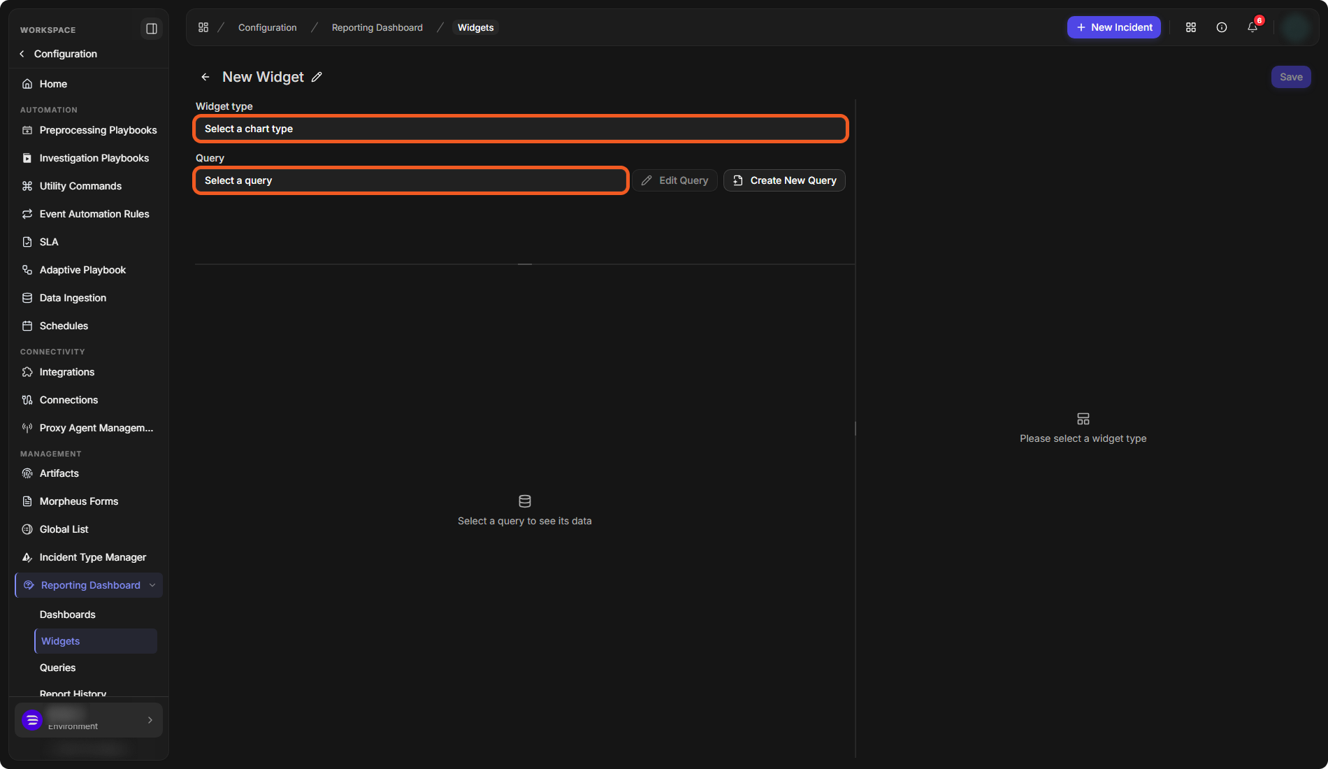 The New Widget editor with the Widget type and Query fields