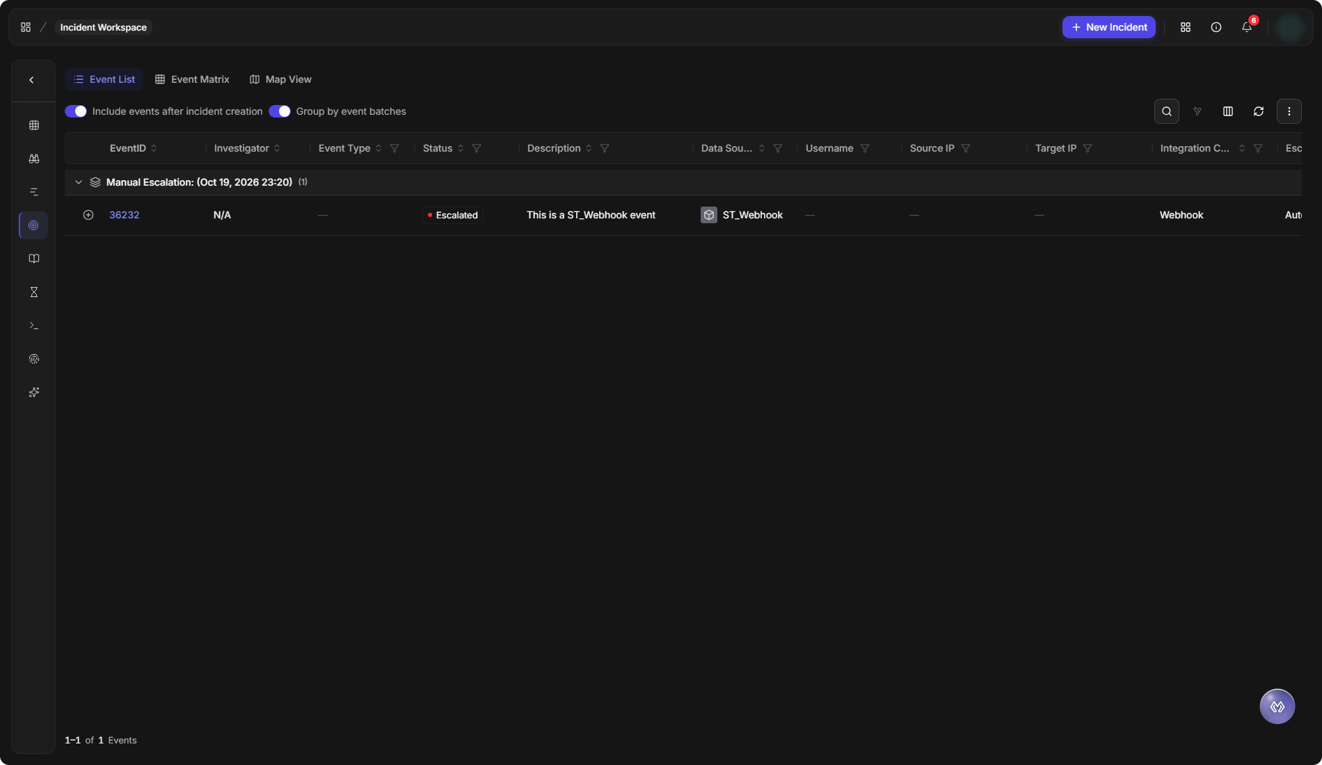 The Events view listing the incident's source events, with Event List, Event Matrix and Map View