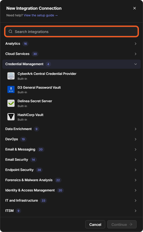 The New Integration Connection window with Credential Management expanded, listing CyberArk Central Credential Provider, D3 General Password Vault, Delinea Secret Server and HashiCorp Vault