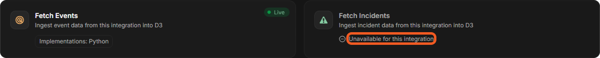 The Fetch Events card on Atlassian Jira Software, Live, and the Fetch Incidents card marked Unavailable for this integration