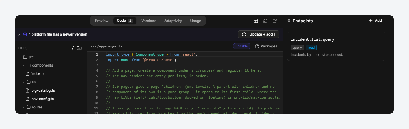 An older app offered a newer version of a platform file, with the Code tab carrying a count badge