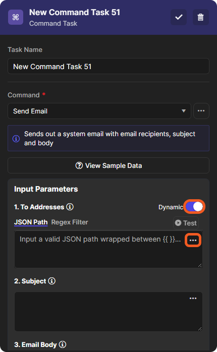 A command task set to Send Email, with Dynamic turned on for To Addresses and the ellipsis button in its input box