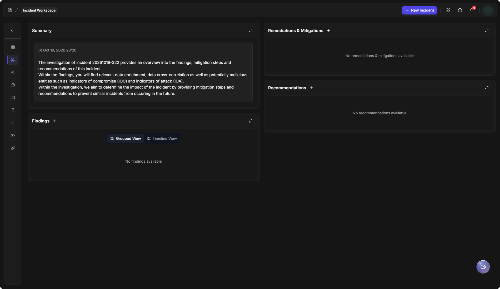 The Investigation view with the Summary, Findings, Remediations & Mitigations and Recommendations sections