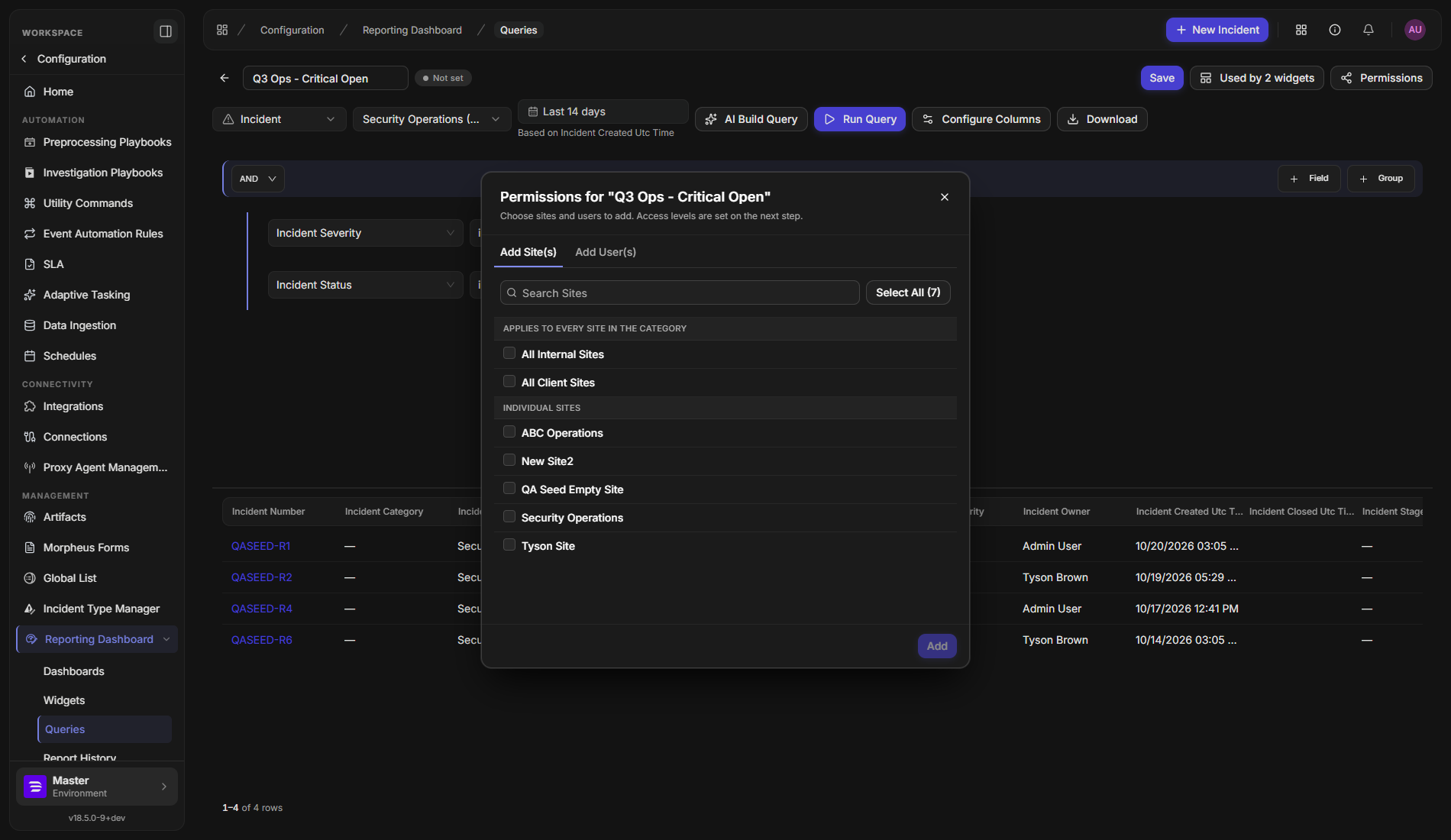 The Permissions dialog on the Add Site(s) tab with a searchable list of sites and a disabled Add button