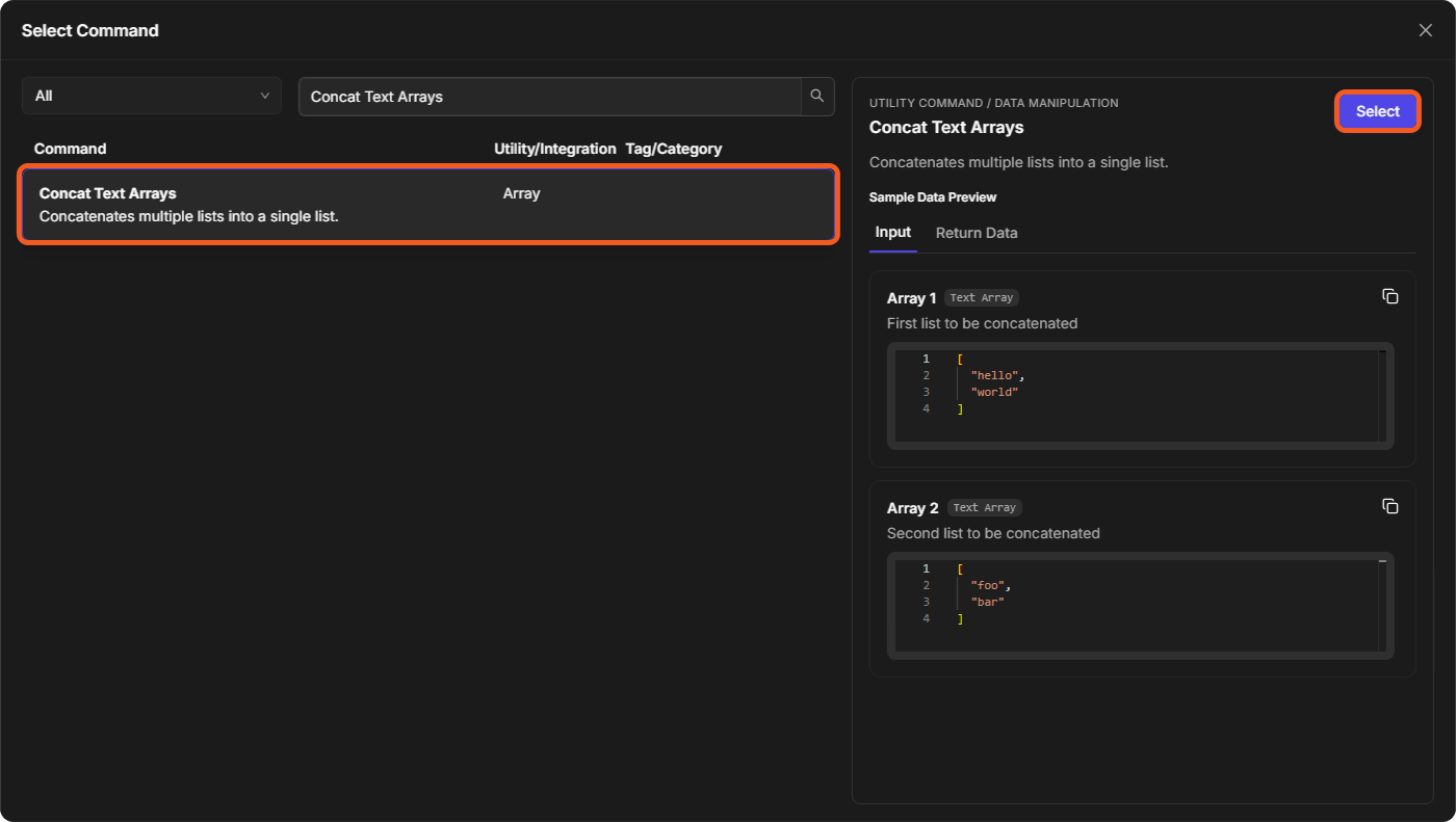 The Select Command window with a category filter, Search Commands, the matching command and its Sample Data Preview with Input and Return Data, and Select
