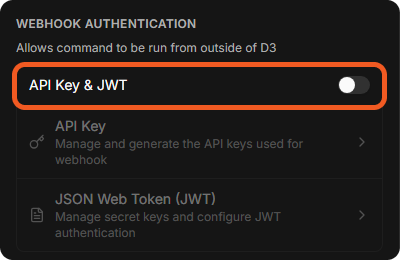 The WEBHOOK AUTHENTICATION section of a utility command, with the API Key and JWT switch and the API Key and JSON Web Token (JWT) options