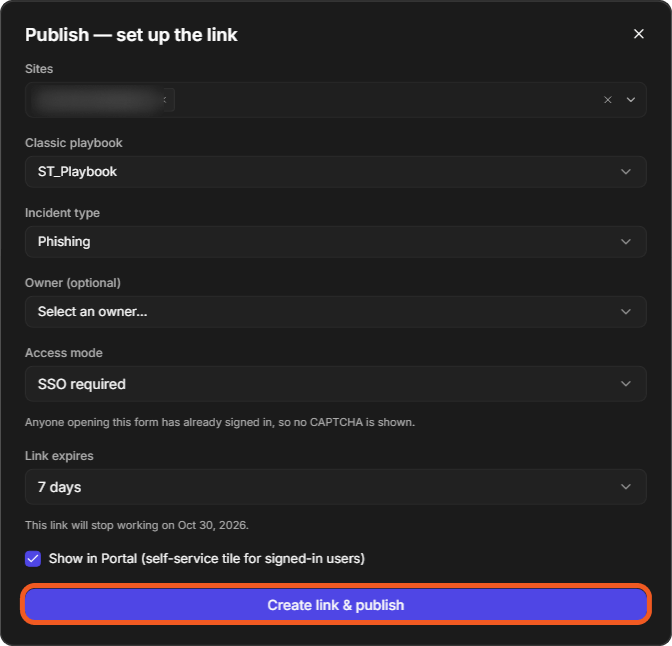 The Publish window with Access mode SSO required, Show in Portal ticked and the Create link & publish button highlighted