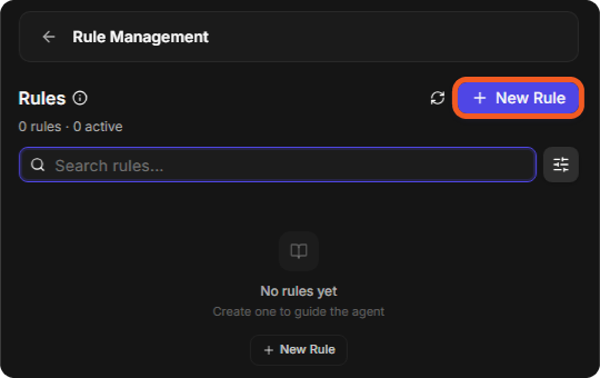 The Rule Management panel with no rules yet and the New Rule button