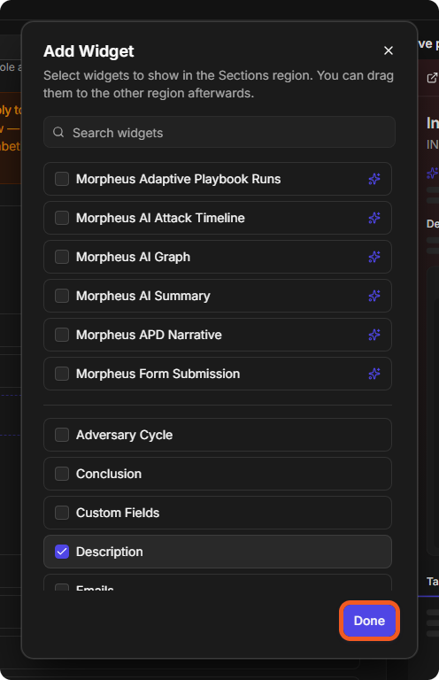 The Add Widget window listing Morpheus and other workspace widgets with Description selected and the Done button highlighted