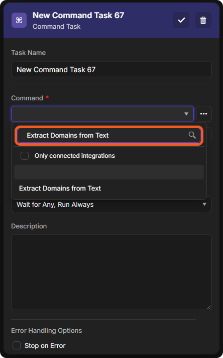 The Command list filtered by the search Extract Domains from Text