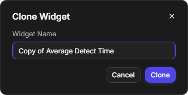 The Clone Widget window with the Widget Name box, Cancel and Clone
