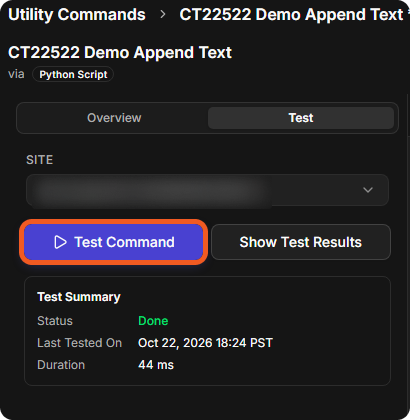 The Test tab with the Site to test on and the Test Command and Show Test Results buttons