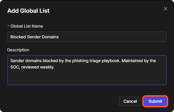 The Add Global List window with a name and a description entered