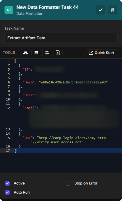 Extract Artifact Data task with the JSON data