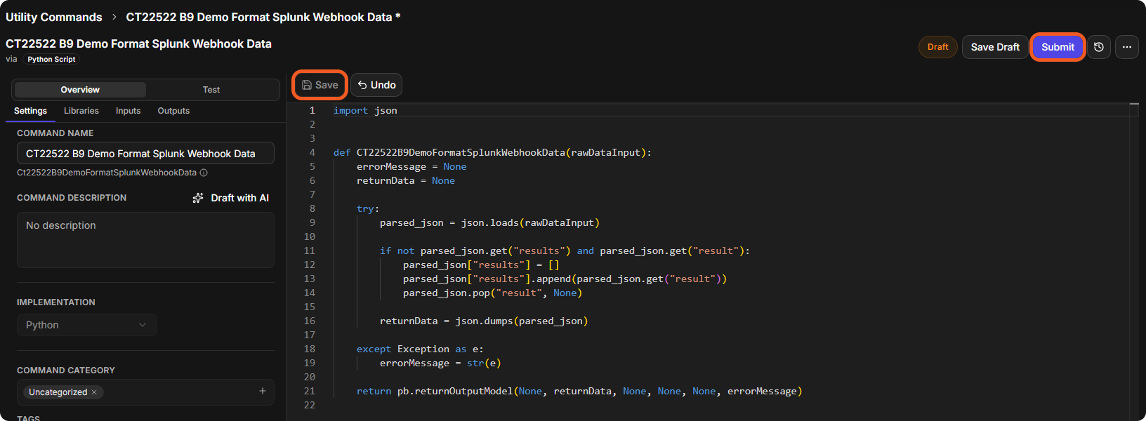 The demo command's Python code in the code editor, with the Save button