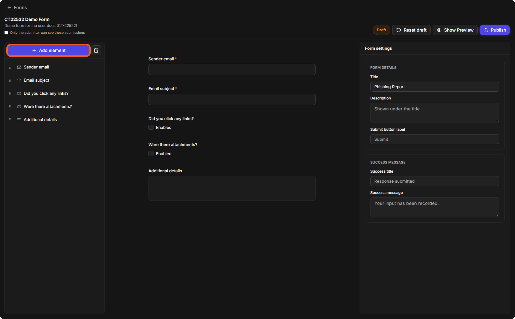 The form builder with the element list on the left, the form in the centre, Form settings on the right and the Add element button highlighted