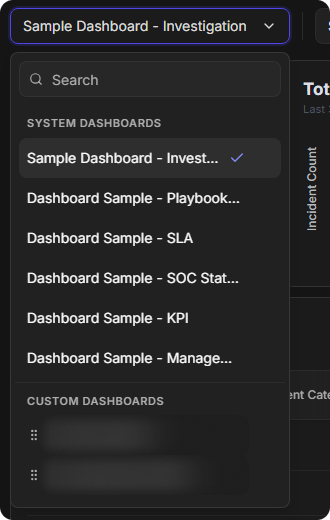The dashboard list open, with a search box, System Dashboards and Custom Dashboards