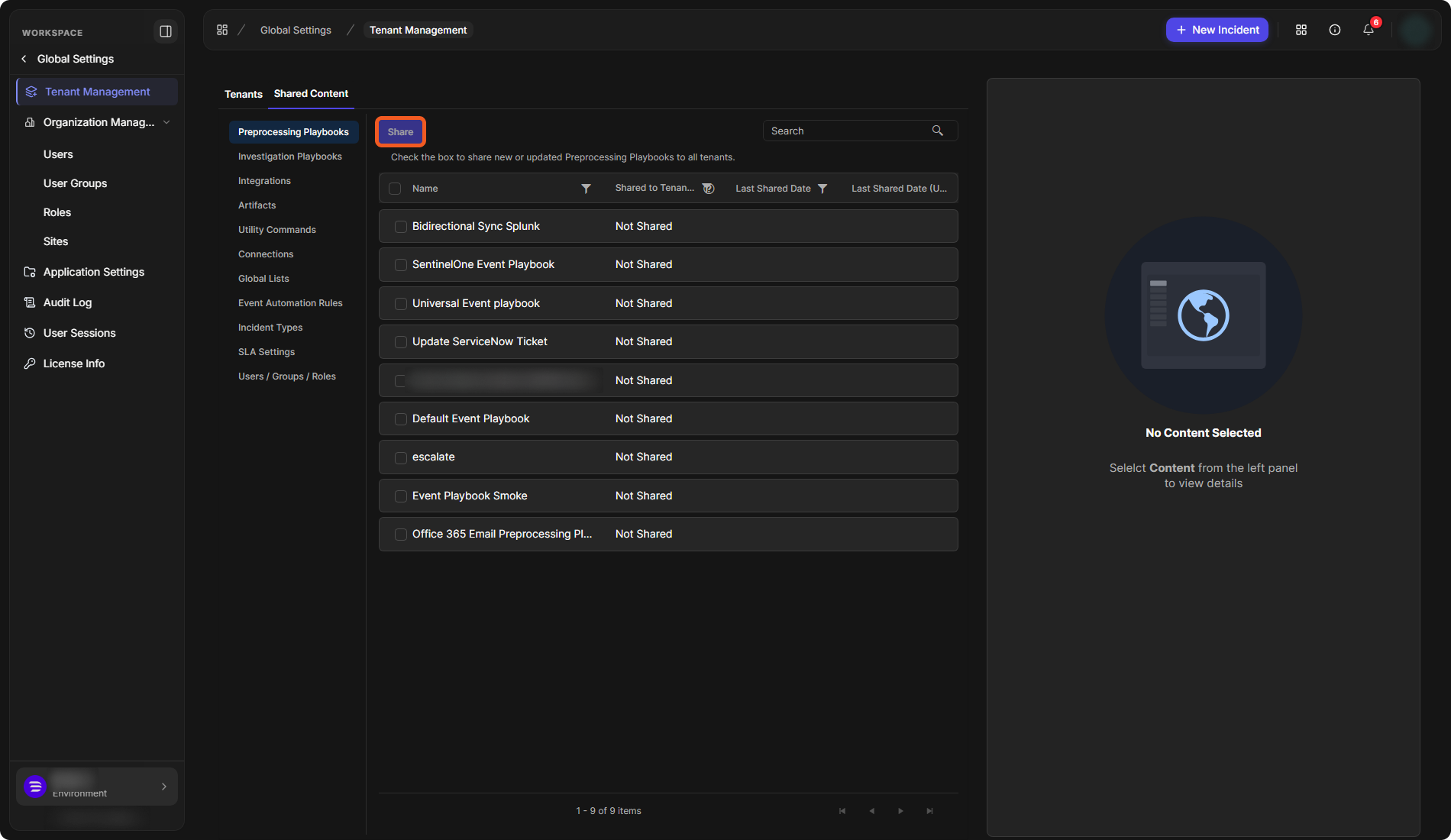 The Shared Content tab with the content types on the left, the Share button, and the Preprocessing Playbooks list with Name, Shared to Tenants and Last Shared Date