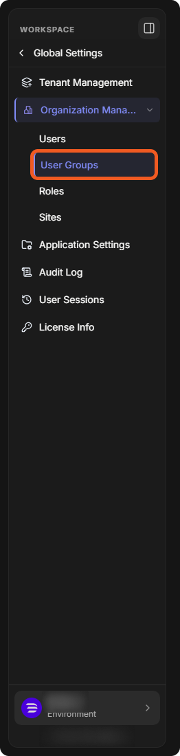 The Global Settings sidebar with Organization Management expanded and User Groups selected