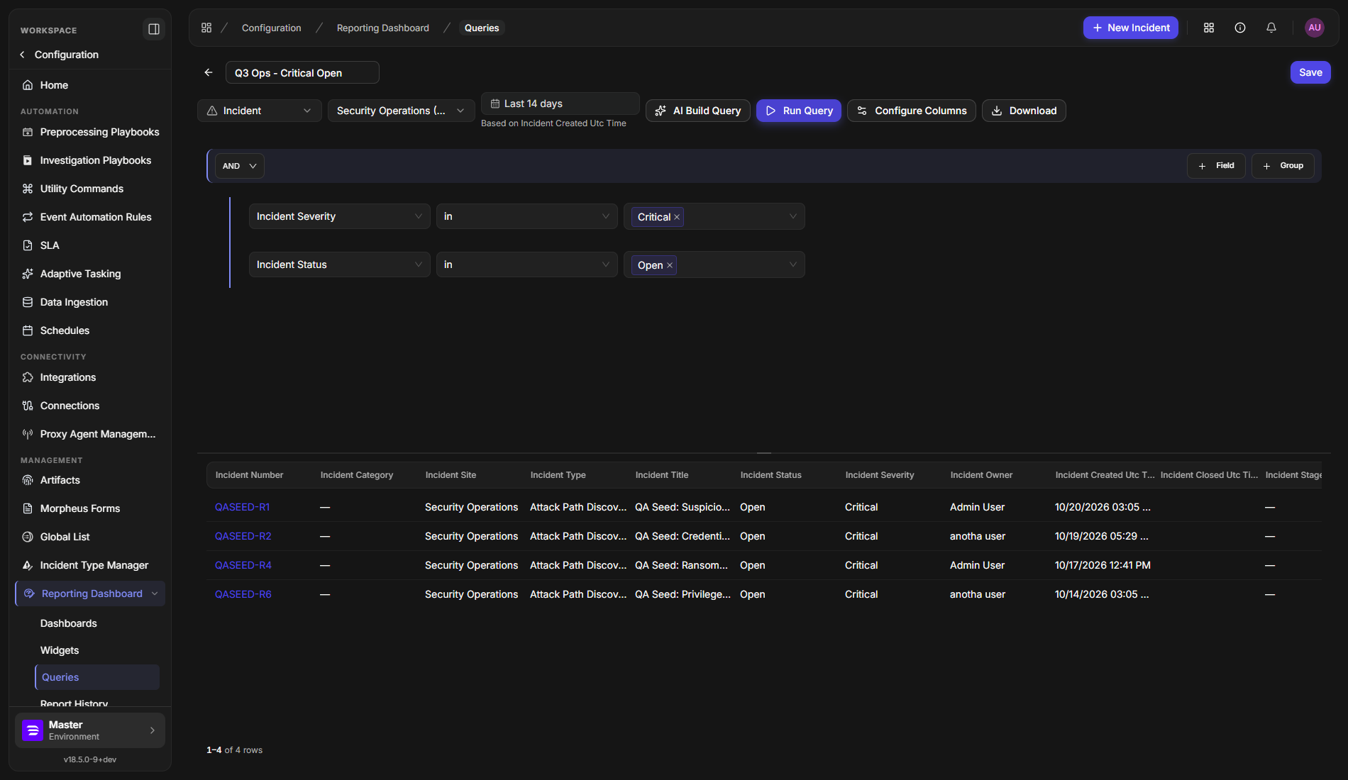 The query editor showing two filter rules, Incident Severity in Critical and Incident Status in Open, with the matching incidents listed below