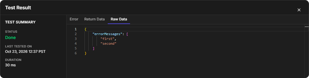 The Raw Data tab showing an errorMessages array with two messages