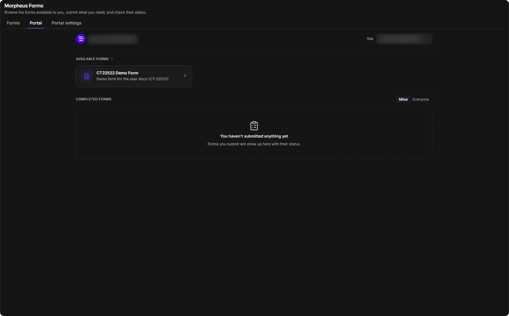 The Portal tab with one form under AVAILABLE FORMS and an empty COMPLETED FORMS list with Mine and Everyone
