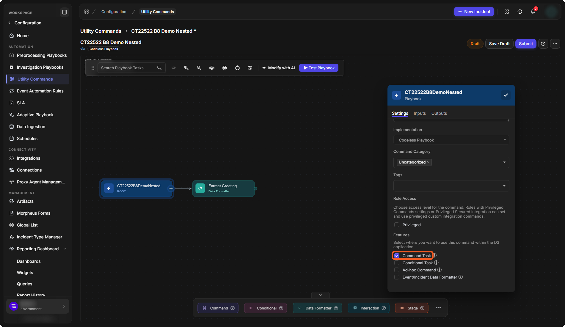 The root node's Settings tab with Command Task ticked under Features
