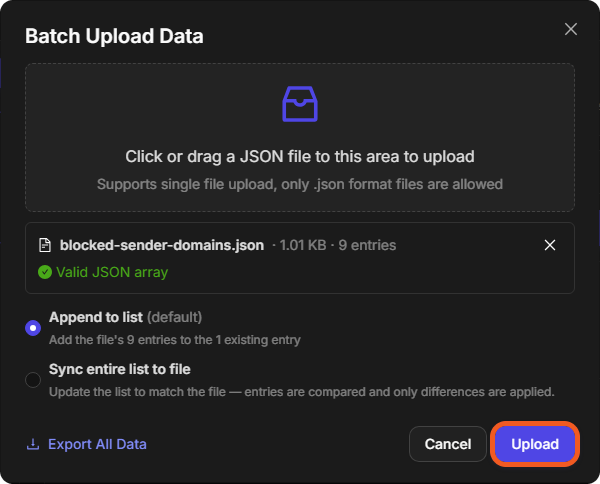 The Batch Upload Data window with a JSON file of 9 entries selected and Append to list chosen