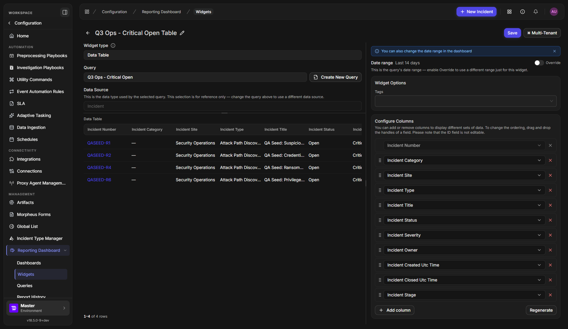 The widget editor with the query Q3 Ops - Critical Open selected, its data source shown as Incident, and the matching rows previewed