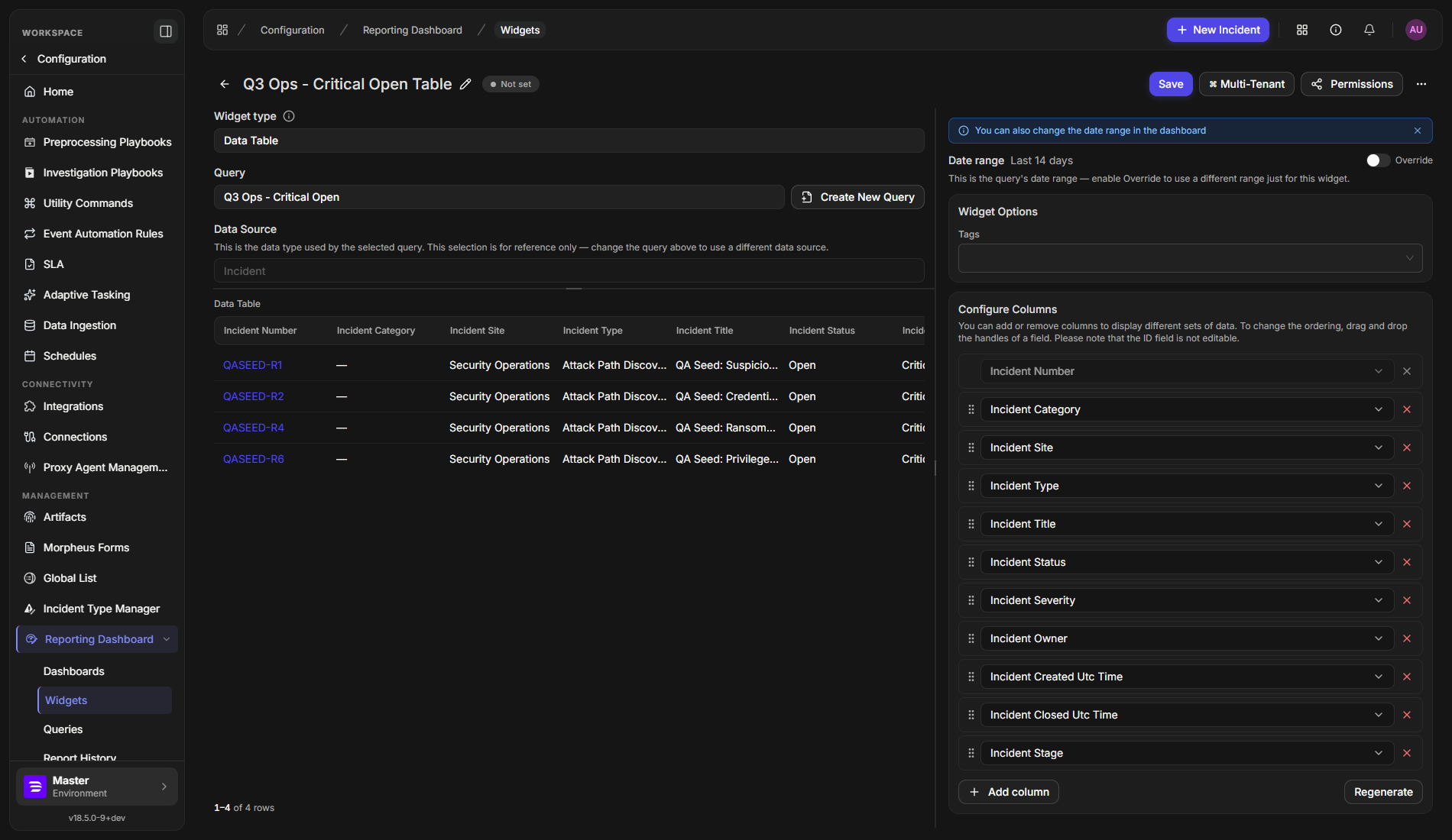 The saved widget showing its name, a Not set permission badge, the query it uses and a preview of its rows