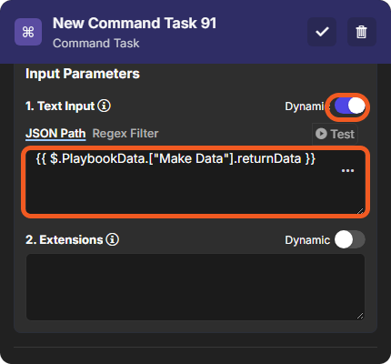 The command task's Text Input with Dynamic on and the expression in the JSON Path box