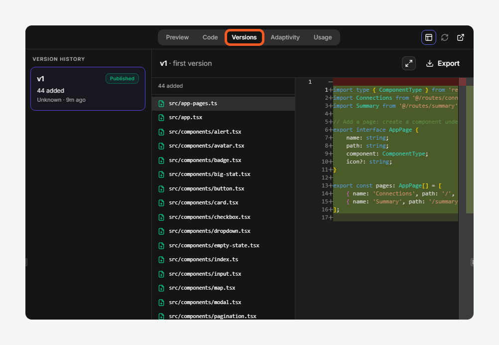 Version history with a per-file diff and the Export control