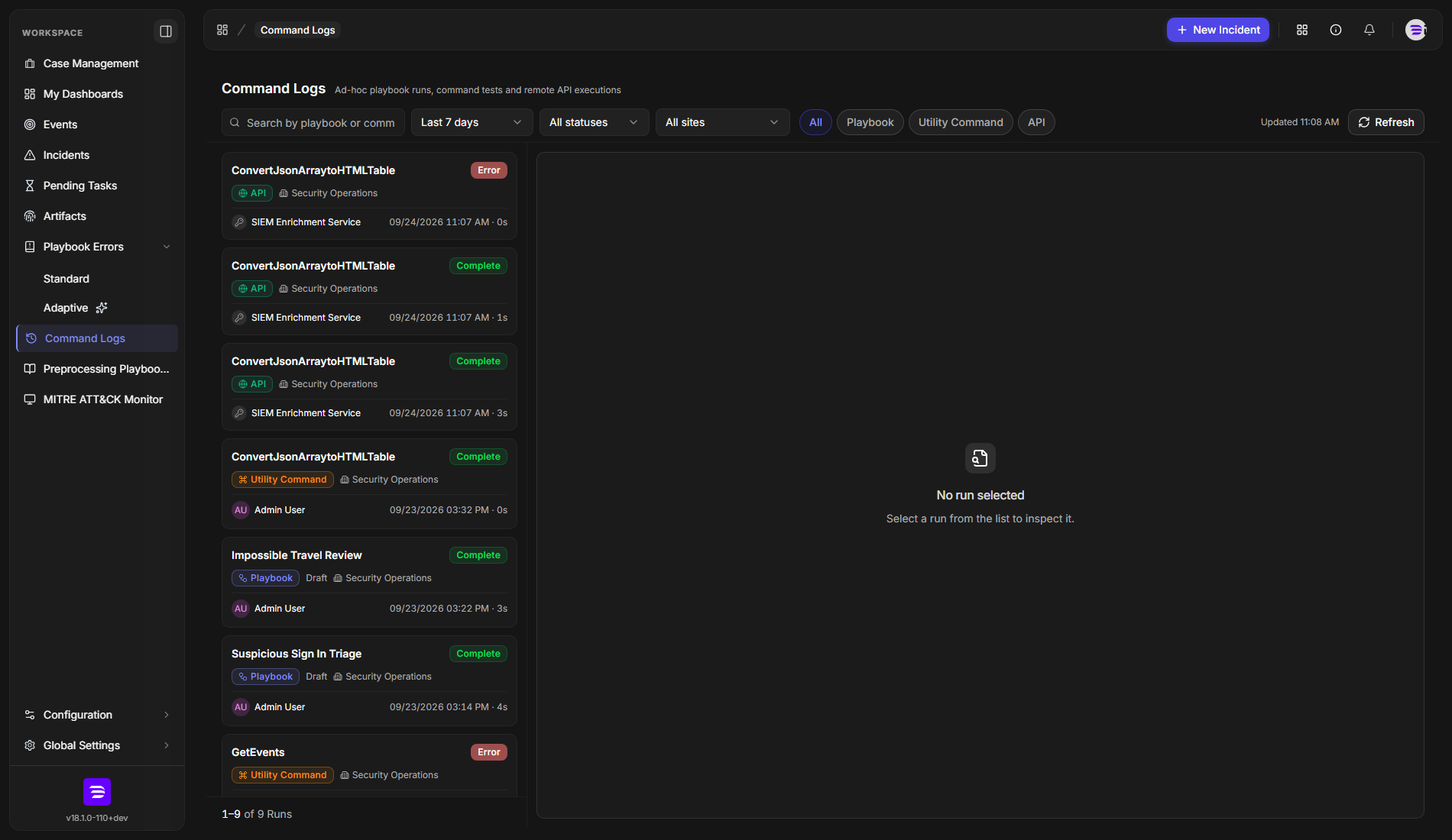 The run list showing playbook, utility command, and API runs, with the detail pane reading No run selected