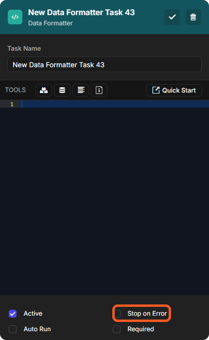 The settings of a new data formatter task with the Stop on Error checkbox