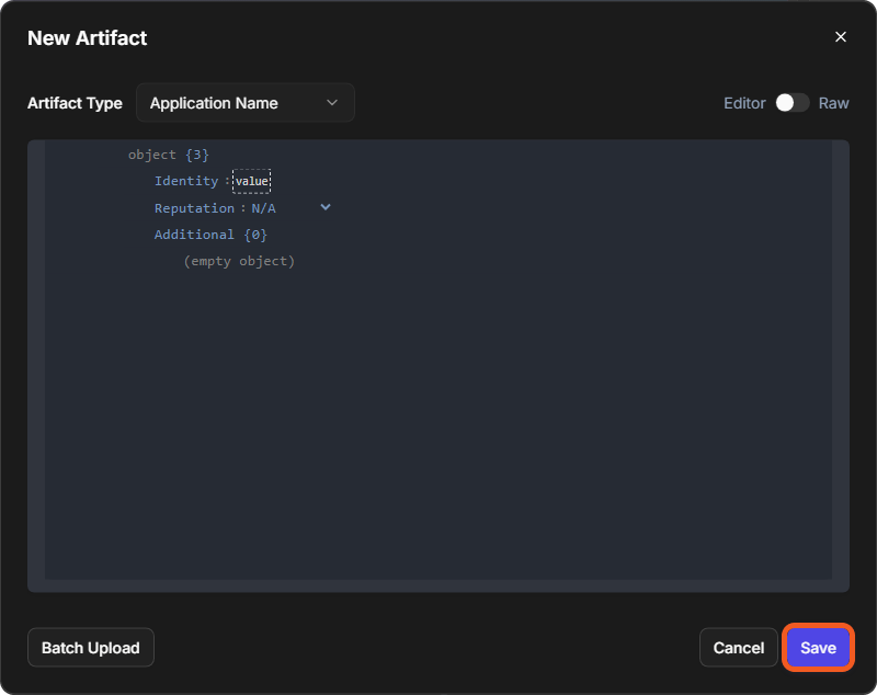 The New Artifact window in Editor view with the Identity, Reputation and Additional fields