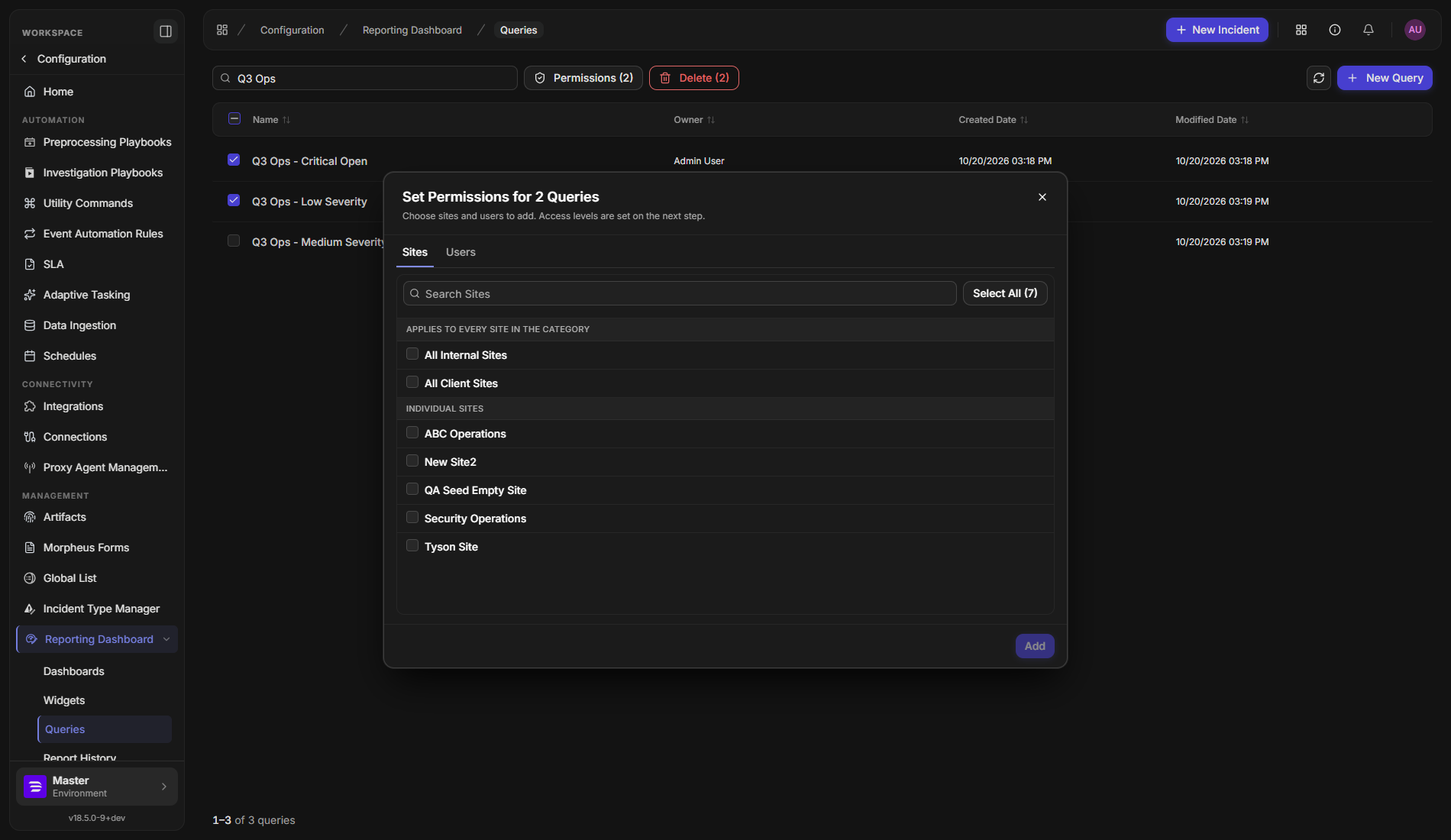 The Set Permissions for 2 Queries dialog with a list of sites to add