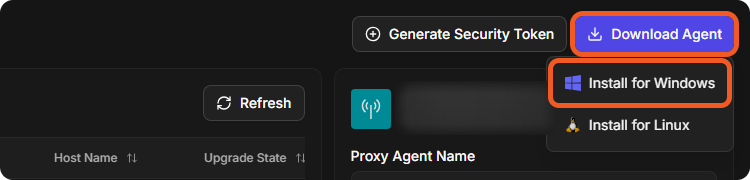 Download Agent opened on the Proxy Agent Management page, showing Install for Windows and Install for Linux