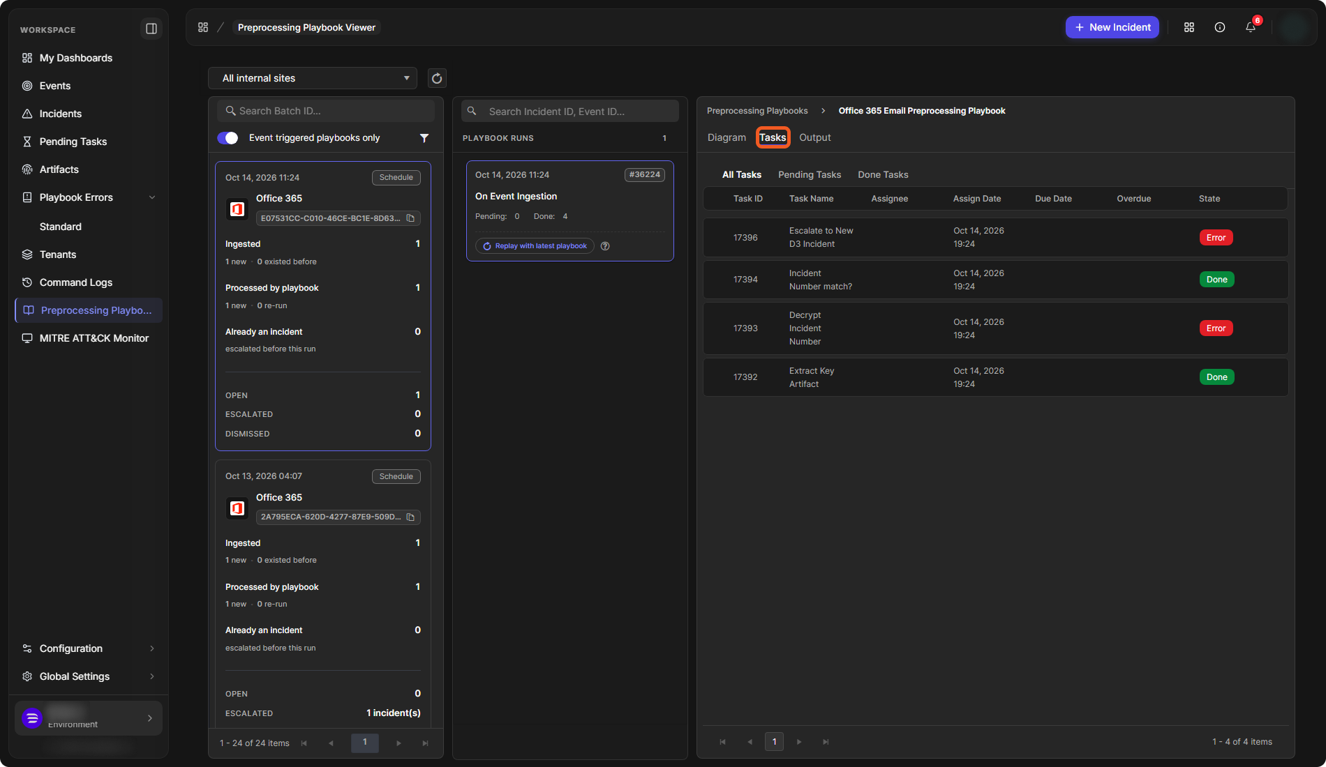 The Tasks view listing four tasks with their ID, name, assign date and state, two Done and two Error