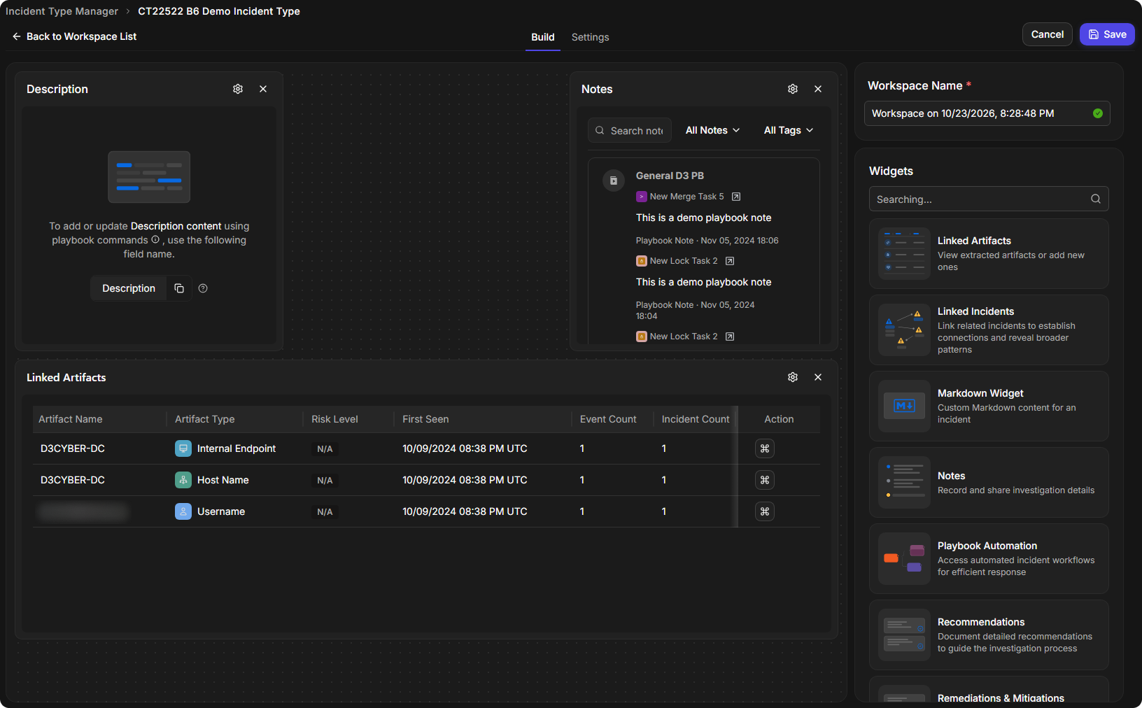 Description, Notes and Linked Artifacts widgets on the canvas, showing sample content
